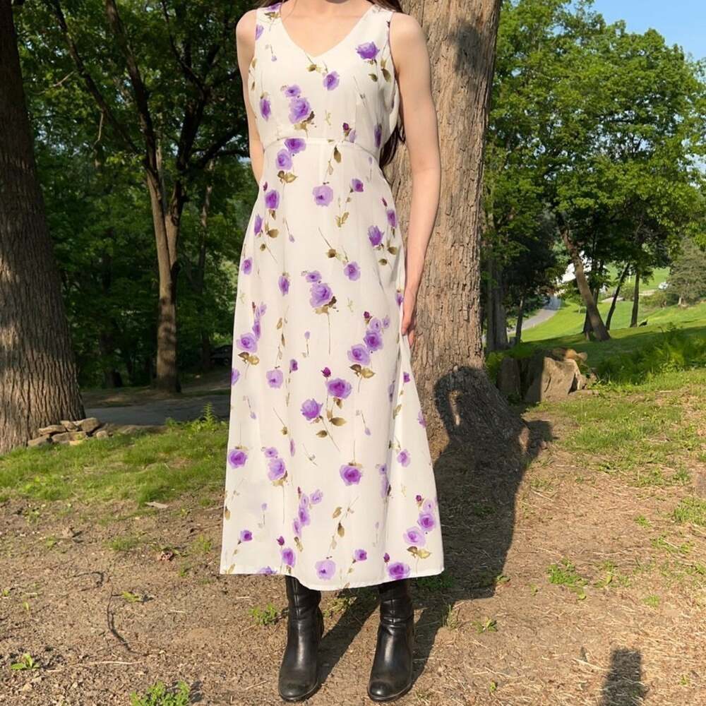Y2K Floral V-Neck Midi Dress Purple White Waist Tie Cottagecore